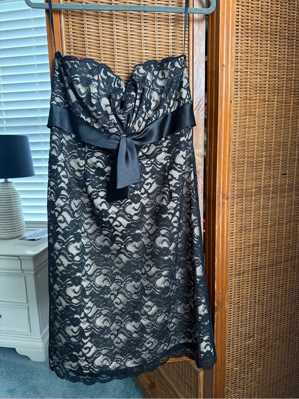 White House Black Market Black Lace Strapless Dress with Satin Bow